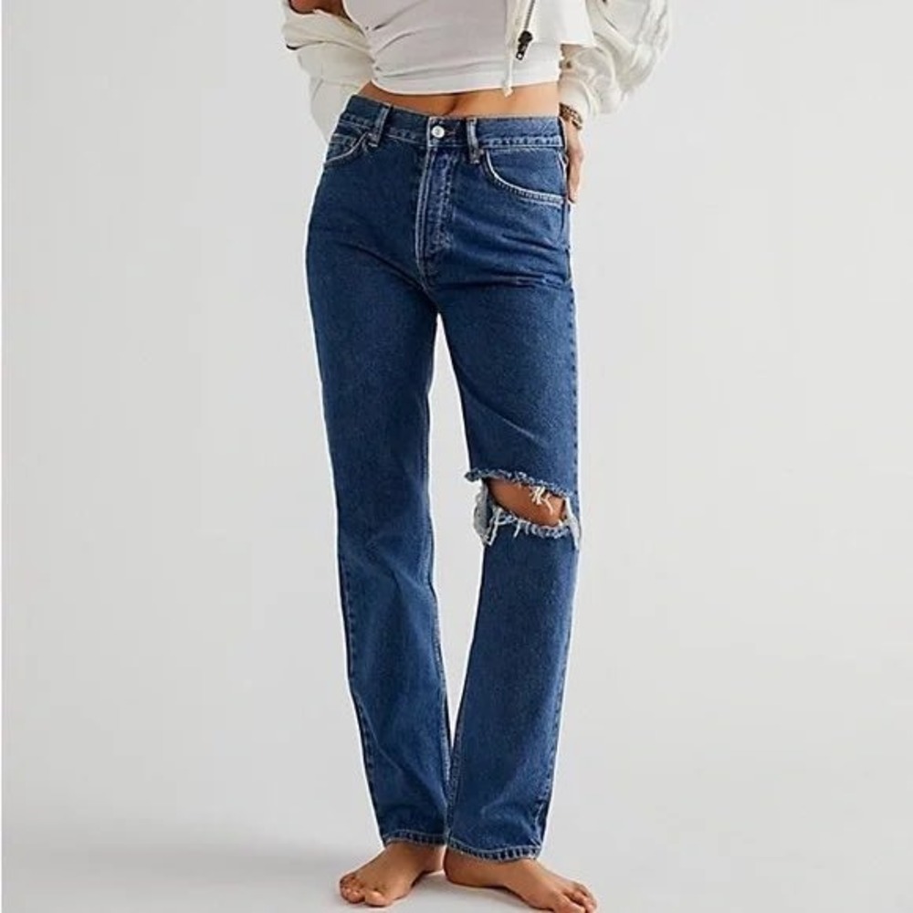 NWOT Free People The Lasso Jeans High Rise Straight Leg Distressed‎ Jeans Sz 28